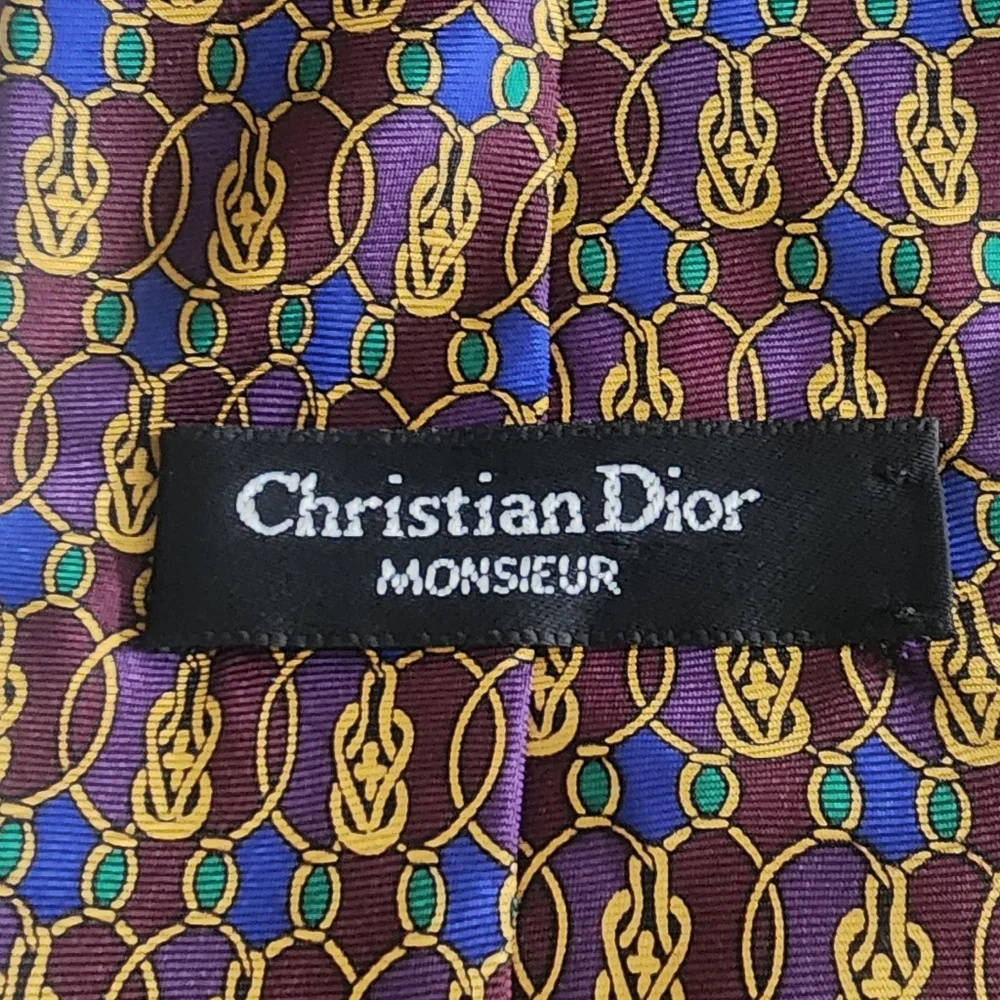 Dior Brown Silk Tie‎ with Blue and Gold Motif, Length: 44.5